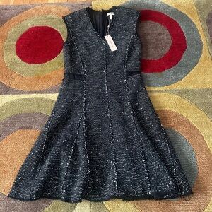 NWT Rebecca Taylor Mini Dress Tweed Frayed Black White Cap Sleeve Women’s Size 6